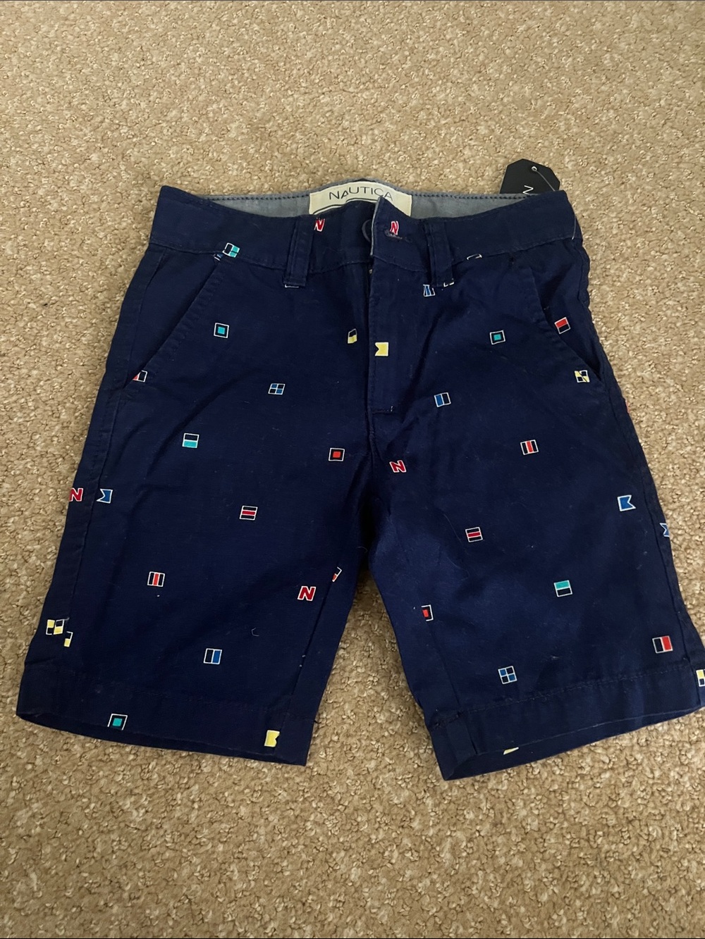 Nautica Navy Flat-Front Shorts with Embroidered Flag Motifs